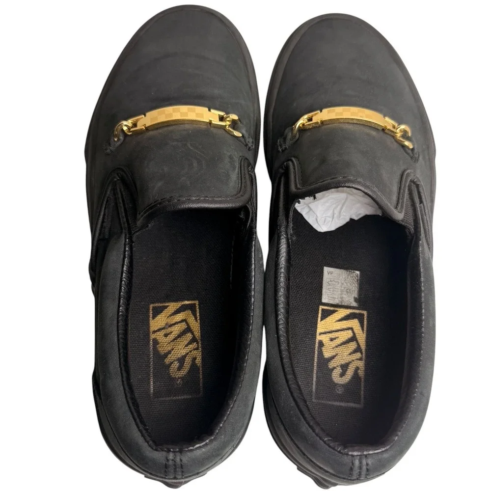 Vans Classic Slip On Black Gold Checkerboard Hardware Womens 7.5